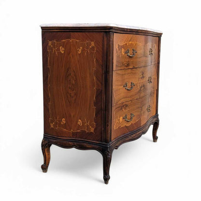 Vintage Louis XV Marble Top Commode – Bombe Chest w/ Drop Front Desk, Inlay Detail, French Style, 40" Wide