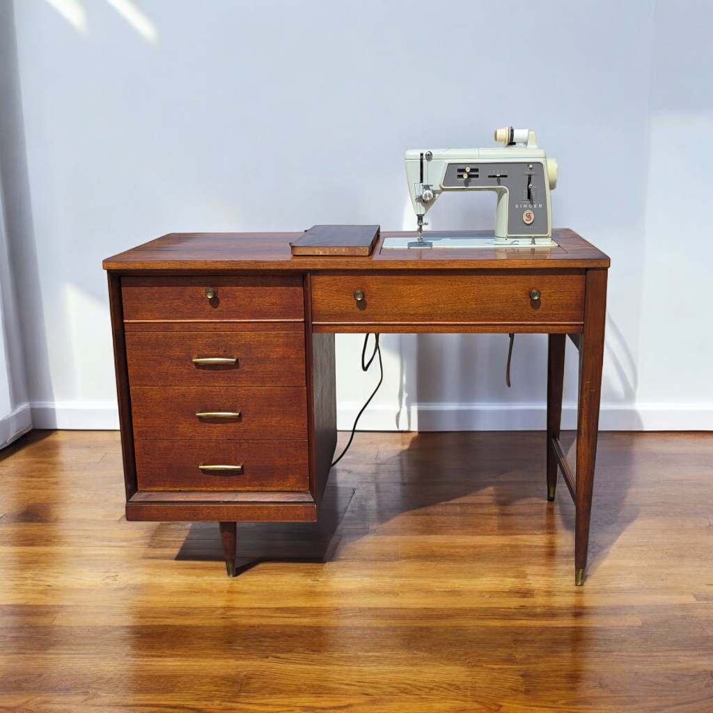 1966 Singer Slant-O-Matic 600 Sewing Machine in Mid-Century Wood Cabinet — view 1 of 18