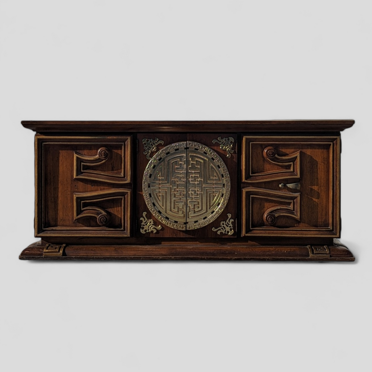 1970s Wood and Brass Lowboy Credenza with Geometric Paneled Front — view 5 of 7