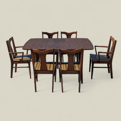 Vintage Dining Set, Drop Leaf Table, Six Chairs, Mid Century, MCM, Laminate, Wood, Unique, Kitchen