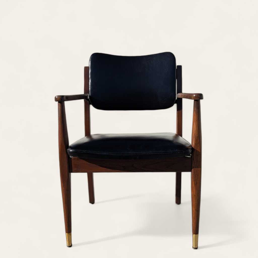 1950s Mid-Century Walnut Armchair by Gregson MFG Co | Italian Leather, Brass Accents, Modern Accent Chair