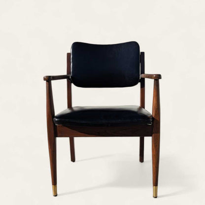 1950s Mid-Century Walnut Armchair by Gregson MFG Co | Italian Leather, Brass Accents, Modern Accent Chair