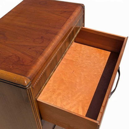 Art Deco Tallboy Waterfall Dresser – Vintage Wooden Dresser, Birds Eye Maple Drawers, Classic Storage Furniture