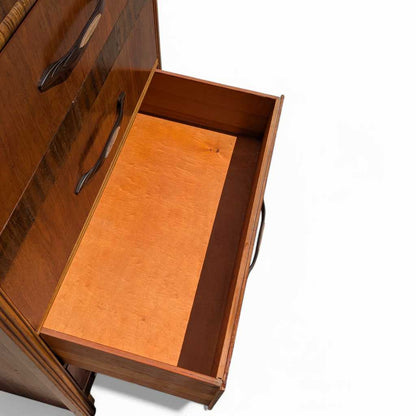 Art Deco Tallboy Waterfall Dresser – Vintage Wooden Dresser, Birds Eye Maple Drawers, Classic Storage Furniture