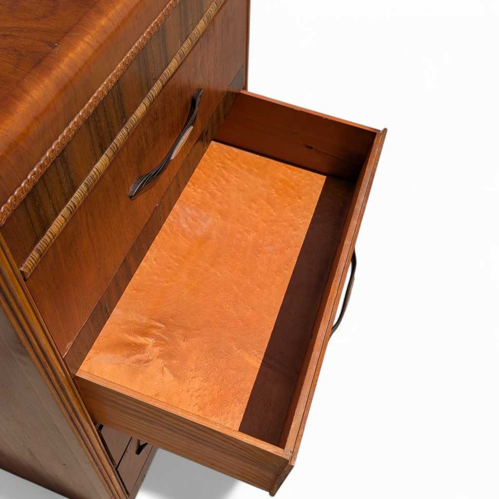 Art Deco Tallboy Waterfall Dresser – Vintage Wooden Dresser, Birds Eye Maple Drawers, Classic Storage Furniture
