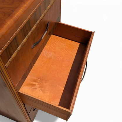 Art Deco Tallboy Waterfall Dresser – Vintage Wooden Dresser, Birds Eye Maple Drawers, Classic Storage Furniture