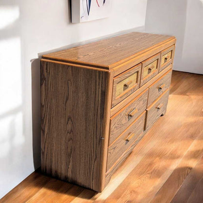 Vintage Laminate Dresser – Faux Oak Grain, Rattan Drawer Fronts, 6-Drawer Storage, 64" Long, 1980s Postmodern Style