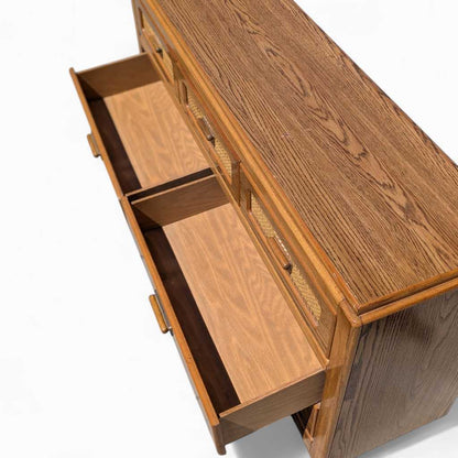 Vintage Laminate Dresser – Faux Oak Grain, Rattan Drawer Fronts, 6-Drawer Storage, 64" Long, 1980s Postmodern Style