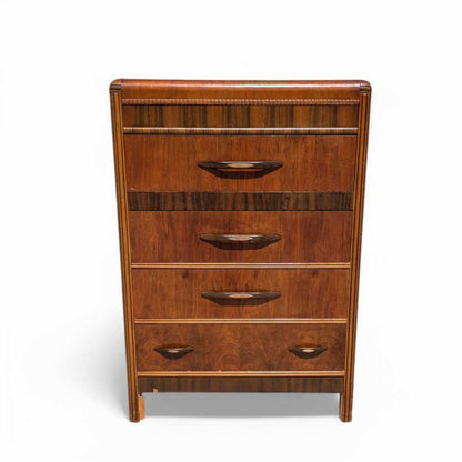 Art Deco Tallboy Waterfall Dresser – Vintage Wooden Dresser, Birds Eye Maple Drawers, Classic Storage Furniture