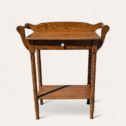 Antique Oak Washstand – 19th Century Early American Style Table w/ Towel Rack & Shelf, Farmhouse Accent