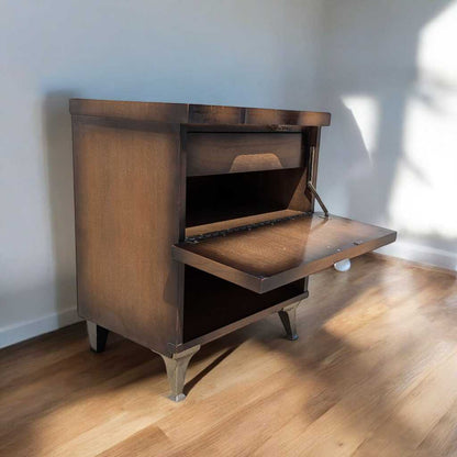 Vintage Atomic Nightstand – Mid Century Drop-Front Side Table, Tapered Metal Legs, 1950s Modern Design, 27" High
