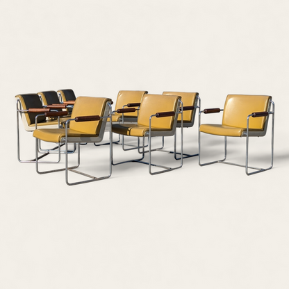 Set of 8 Vintage Krueger Armchairs – 1970s Office Chairs w/ Yellow Seats, Chrome Frames & Wood Arms, MCM Industrial