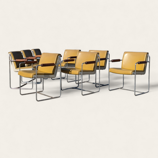 Set of 8 Vintage Krueger Armchairs – 1970s Office Chairs w/ Yellow Seats, Chrome Frames & Wood Arms, MCM Industrial