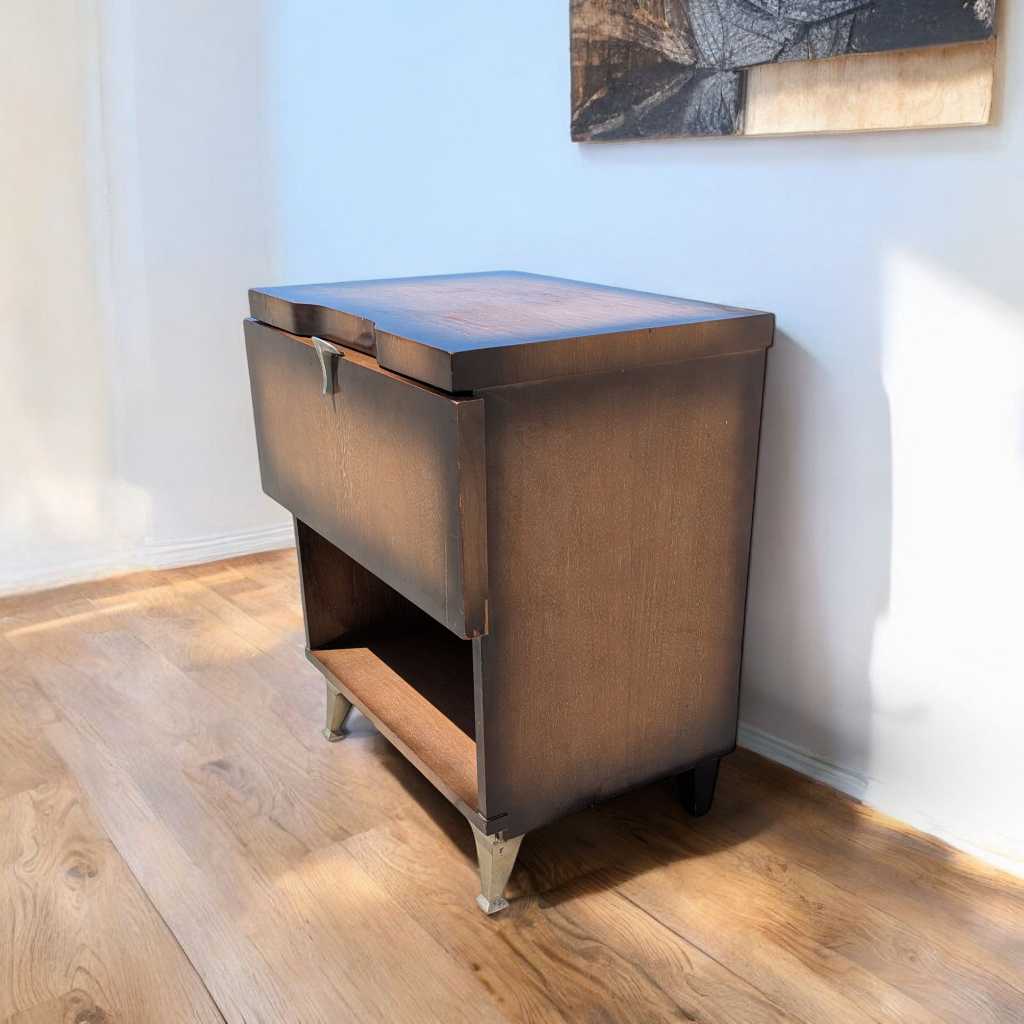 Vintage Atomic Nightstand – Mid Century Drop-Front Side Table, Tapered Metal Legs, 1950s Modern Design, 27" High