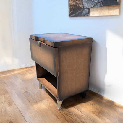 Vintage Atomic Nightstand – Mid Century Drop-Front Side Table, Tapered Metal Legs, 1950s Modern Design, 27" High