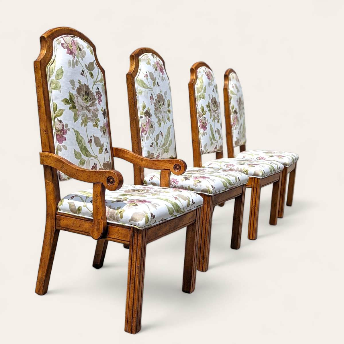Set of Four Hollywood Regency Floral Upholstered Dining Chairs — view 1 of 14
