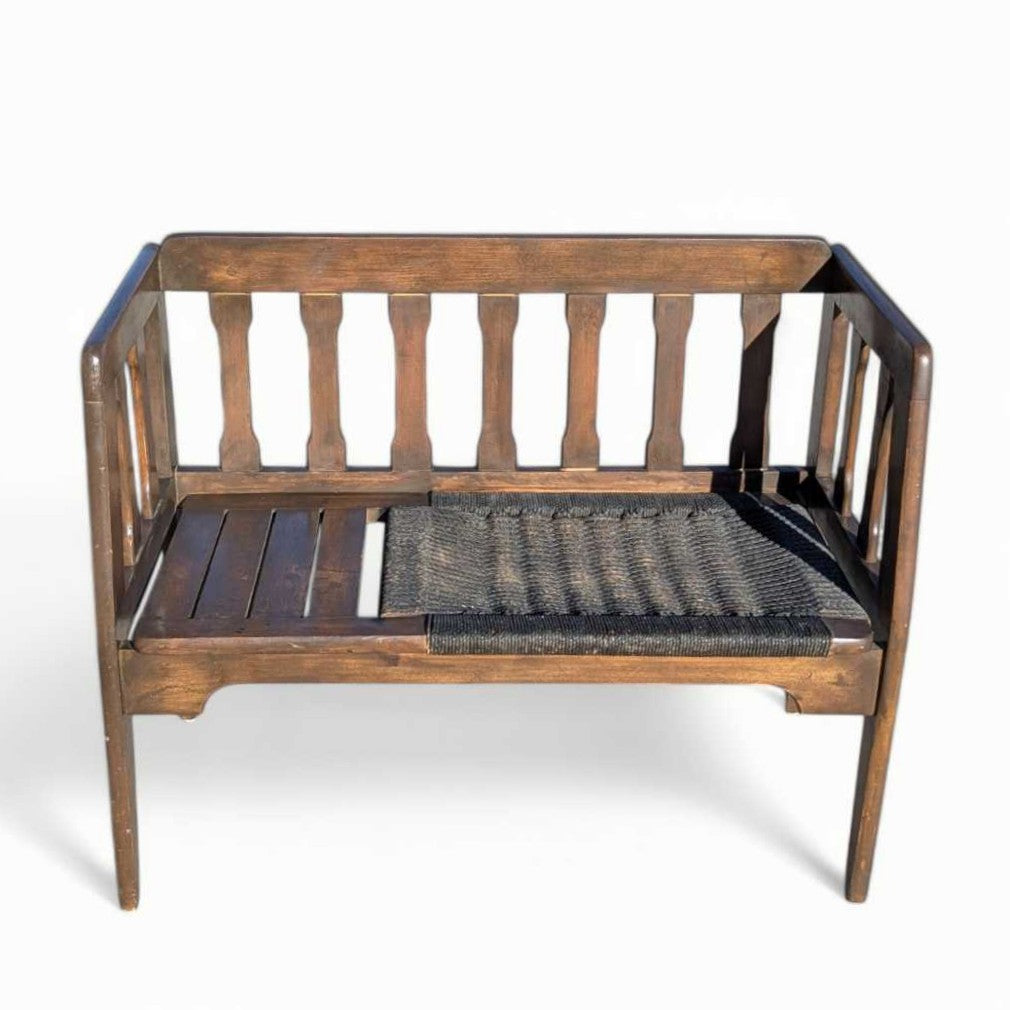 Mid-Century Wood Bench with Black Woven Strap Seat — view 13 of 15