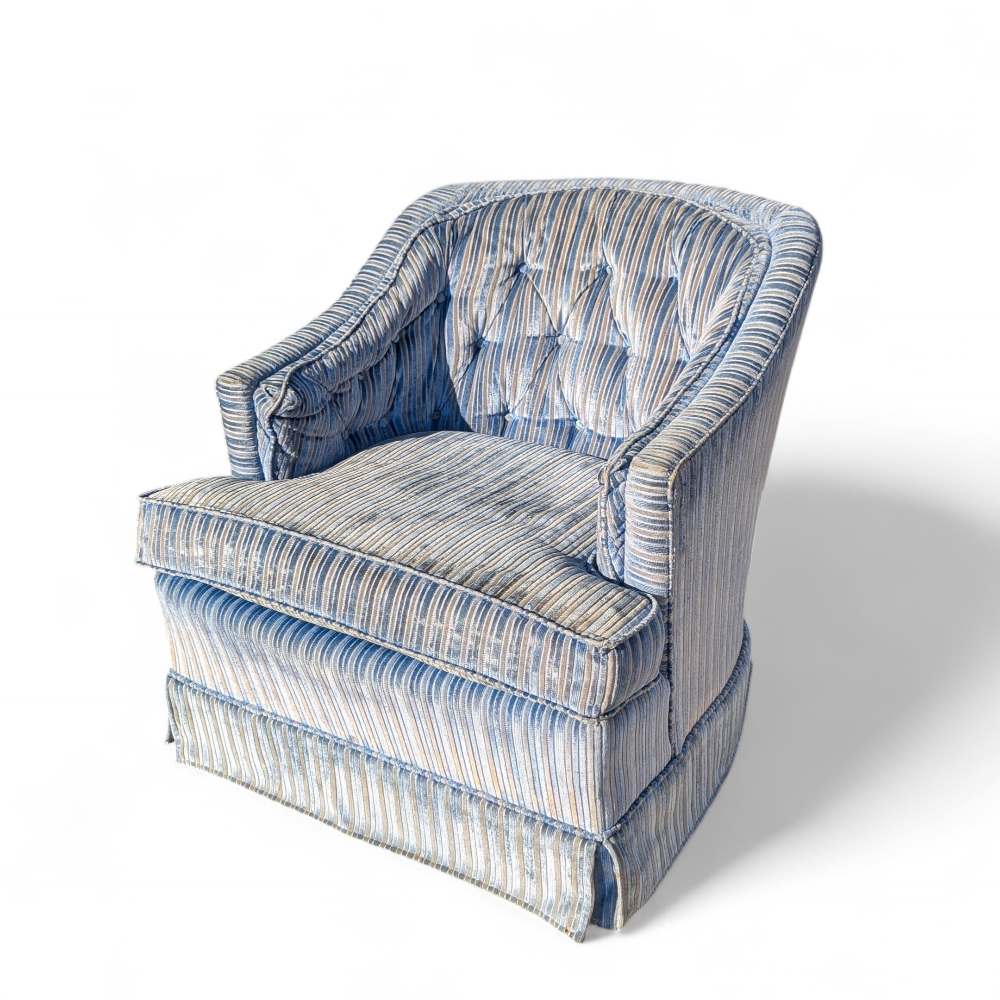 Vintage Blue Striped Velvet Swivel Lounge Chair, Late 20th Century — view 4 [CBV1 seDmQfmh8PmeMMHyzQFC 04 9717ac1f-f1df-4c19-bb38-09f027bb938e.jpeg]