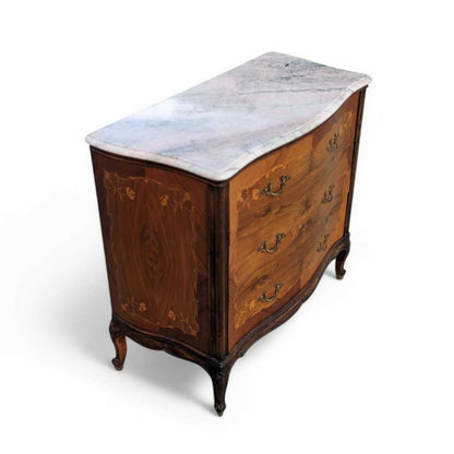 Vintage Louis XV Marble Top Commode – Bombe Chest w/ Drop Front Desk, Inlay Detail, French Style, 40" Wide