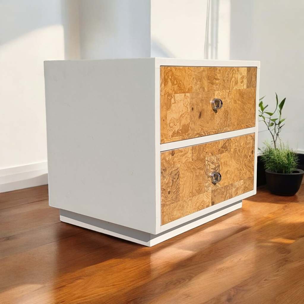 Postmodern Faux Burl Laminate Nightstand with Chrome Ring Pulls, 1980s — view 1 of 12