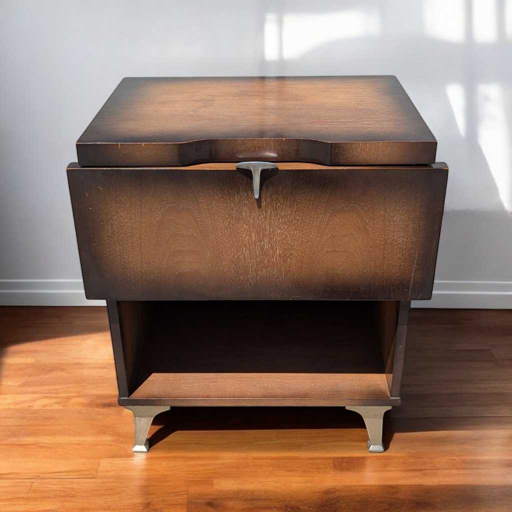 Vintage Atomic Nightstand – Mid Century Drop-Front Side Table, Tapered Metal Legs, 1950s Modern Design, 27" High
