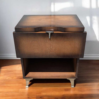 Vintage Atomic Nightstand – Mid Century Drop-Front Side Table, Tapered Metal Legs, 1950s Modern Design, 27" High