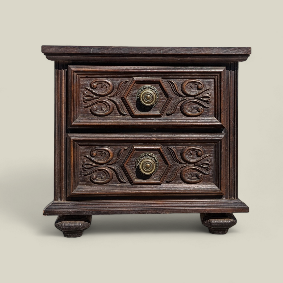 1970s Spanish Gothic Revival Carved Wood Nightstand with Brass Hardware — view 12 of 13