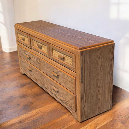 Vintage Laminate Dresser – Faux Oak Grain, Rattan Drawer Fronts, 6-Drawer Storage, 64" Long, 1980s Postmodern Style
