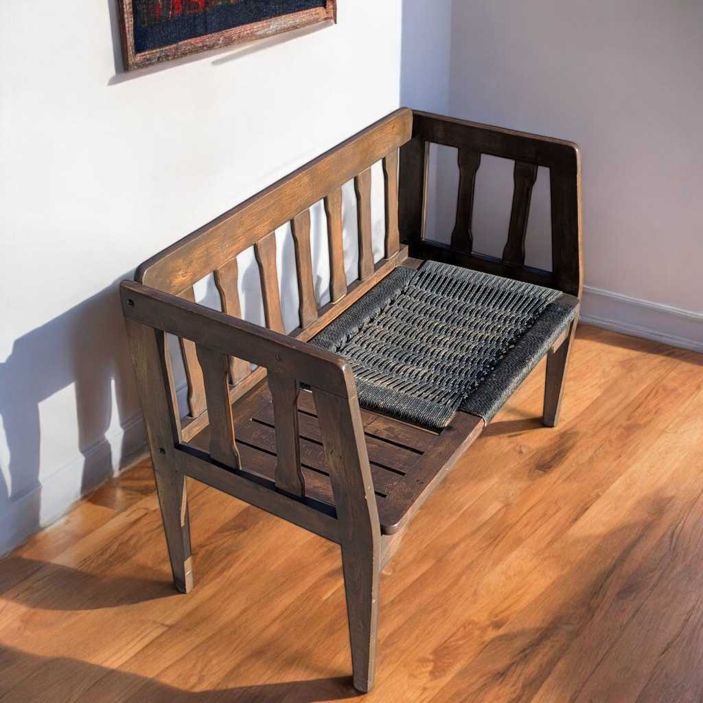 Mid-Century Wood Bench with Black Woven Strap Seat — view 4 of 15