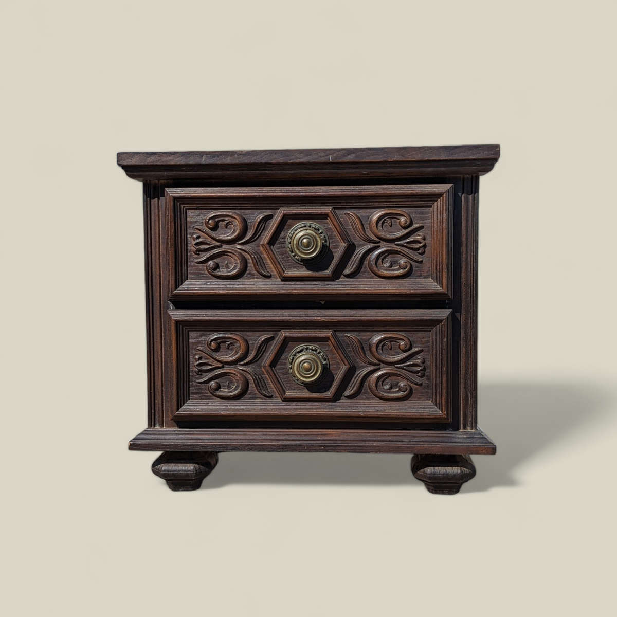 1970s Spanish Gothic Revival Carved Wood Nightstand with Brass Hardware — view 13 of 13