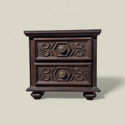 1970s Spanish Gothic Revival Carved Wood Nightstand with Brass Hardware — view 13 of 13
