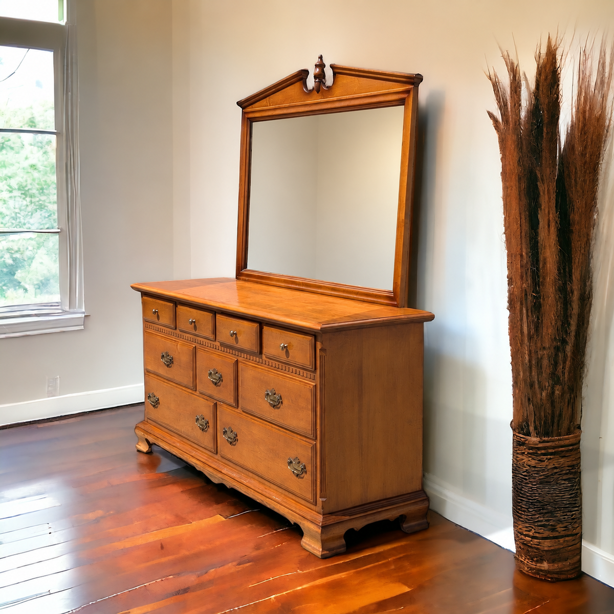 Ethan Allen Early American Solid Maple and Birch Nine-Drawer Dresser with Mirror — view 1 of 23