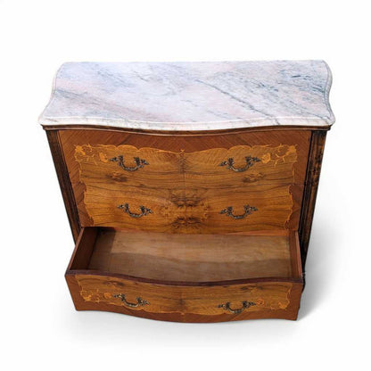Vintage Louis XV Marble Top Commode – Bombe Chest w/ Drop Front Desk, Inlay Detail, French Style, 40" Wide