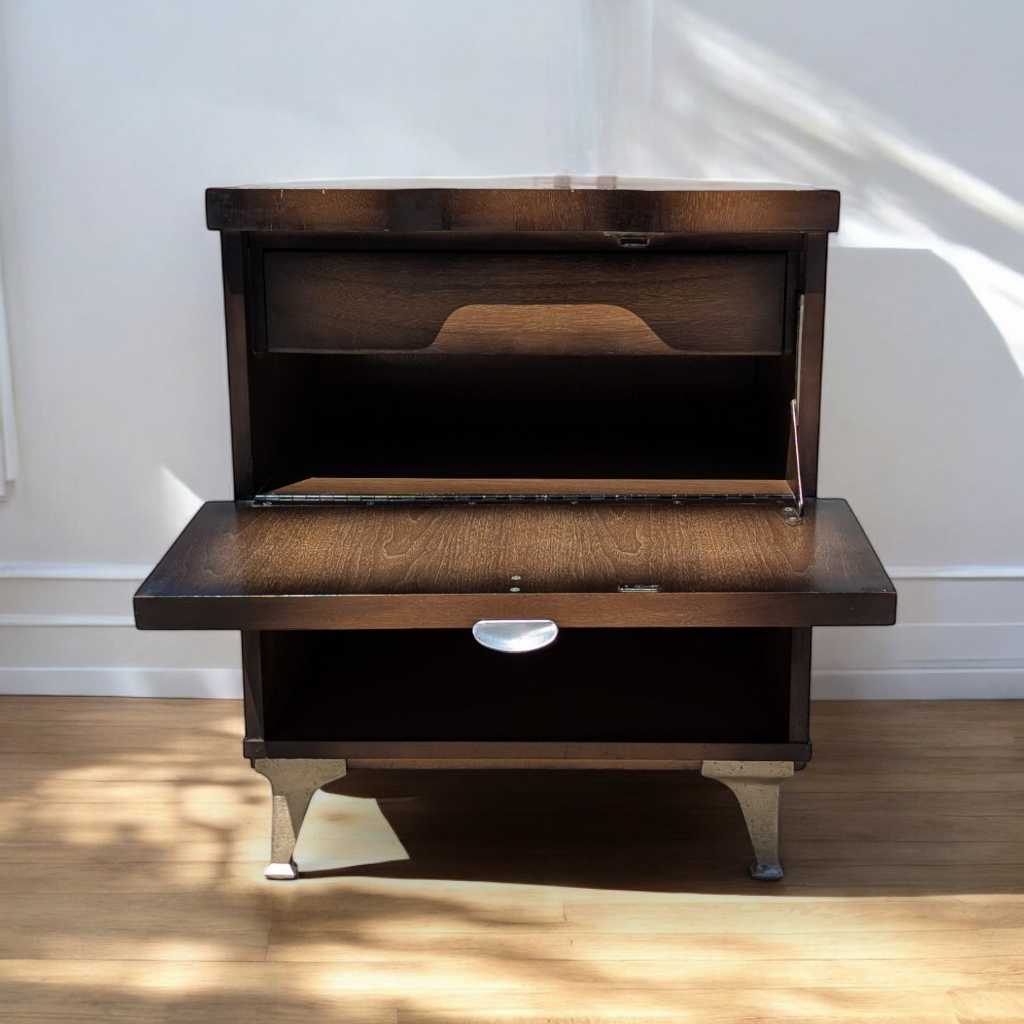Vintage Atomic Nightstand – Mid Century Drop-Front Side Table, Tapered Metal Legs, 1950s Modern Design, 27" High