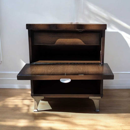Vintage Atomic Nightstand – Mid Century Drop-Front Side Table, Tapered Metal Legs, 1950s Modern Design, 27" High