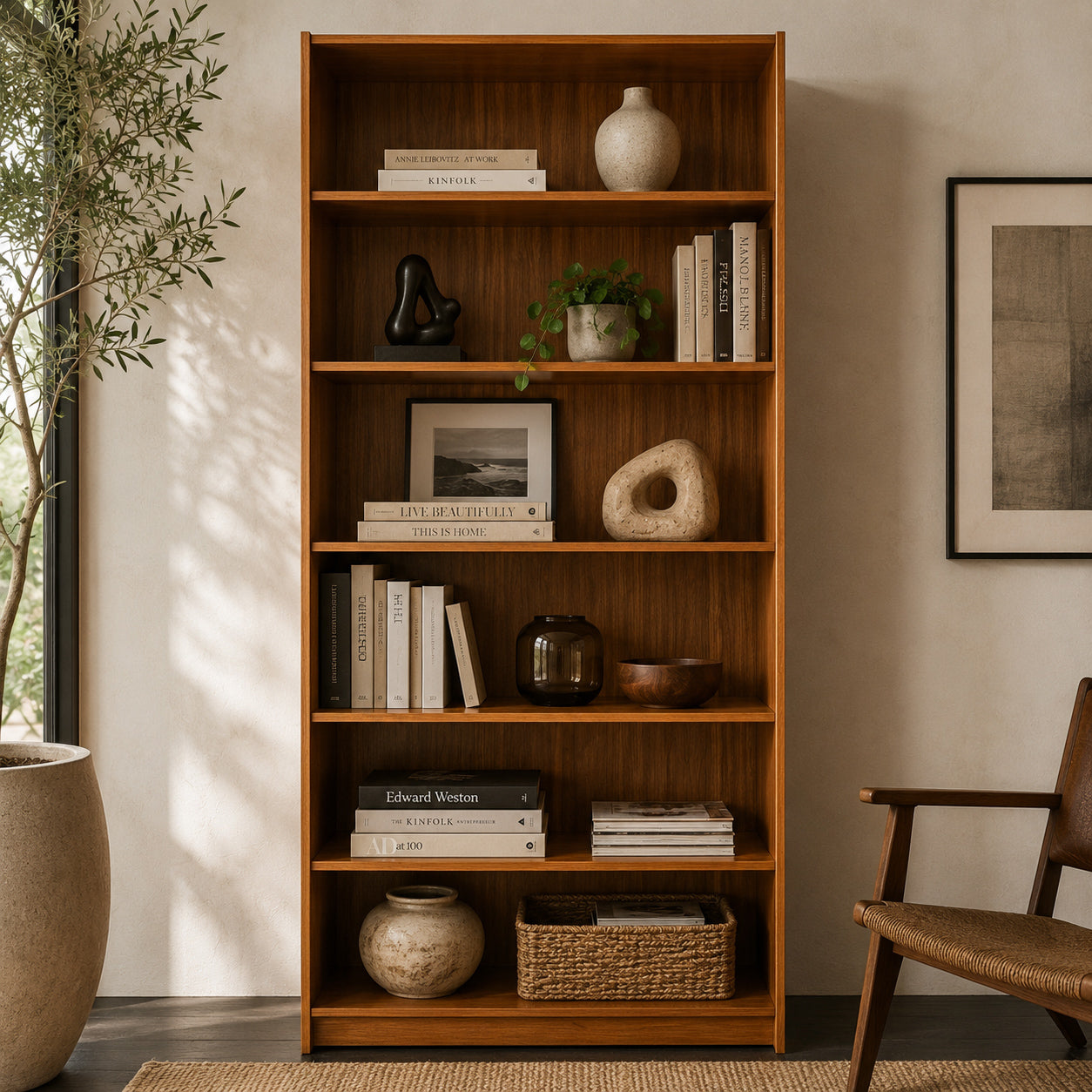 Vintage Teak Bookcase, 5 - Shelves, one cutout at the bottom