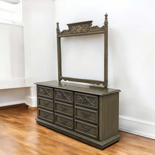 1970s Spanish Revival Carved Wood Nine-Drawer Lowboy Dresser in Olive Green — view 2 [CBV1 qRNvF2AdPC3Cw8Y08MTQ 02 ab3eaa15-2781-4adc-86a1-b6fd42470d20.jpeg]