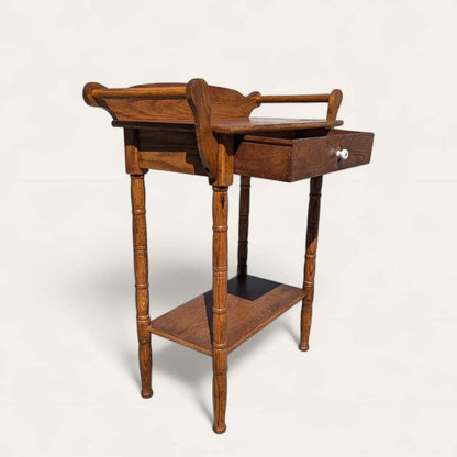 Antique Oak Washstand – 19th Century Early American Style Table w/ Towel Rack & Shelf, Farmhouse Accent