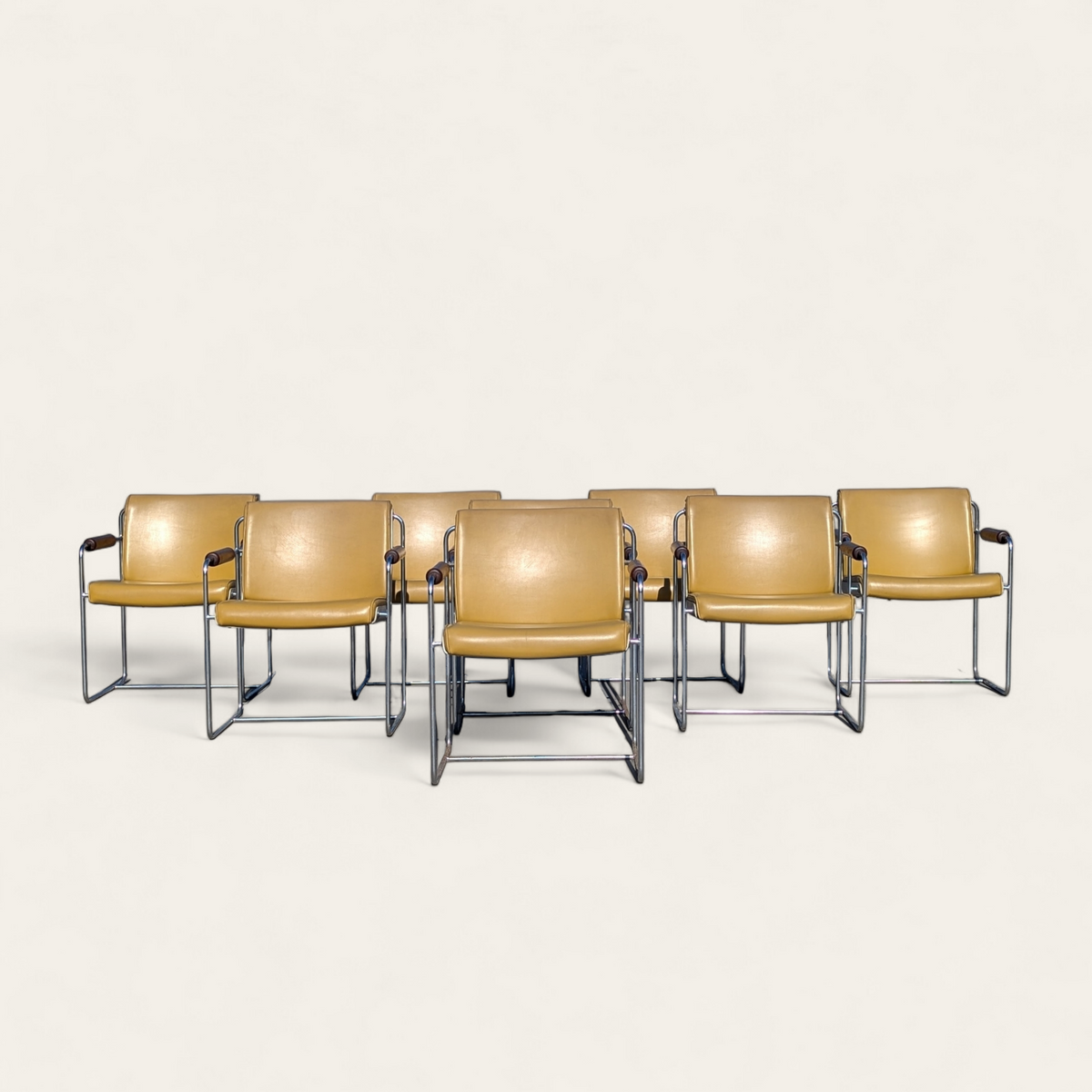 Set of Eight Krueger AFKA Guest Armchairs in Mustard Vinyl, Walnut and Chrome, c. 1969 — view 16 [CBV1 Psk2TxEkYHCK0rbpMgpe 16 af9a7f11-2ce2-4f3b-ba48-d35e25bdf56d.png]