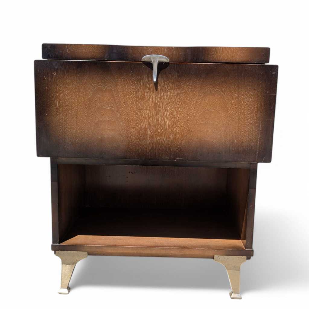 Vintage Atomic Nightstand – Mid Century Drop-Front Side Table, Tapered Metal Legs, 1950s Modern Design, 27" High
