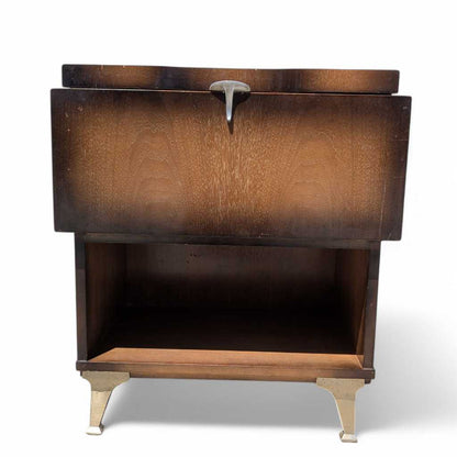 Vintage Atomic Nightstand – Mid Century Drop-Front Side Table, Tapered Metal Legs, 1950s Modern Design, 27" High