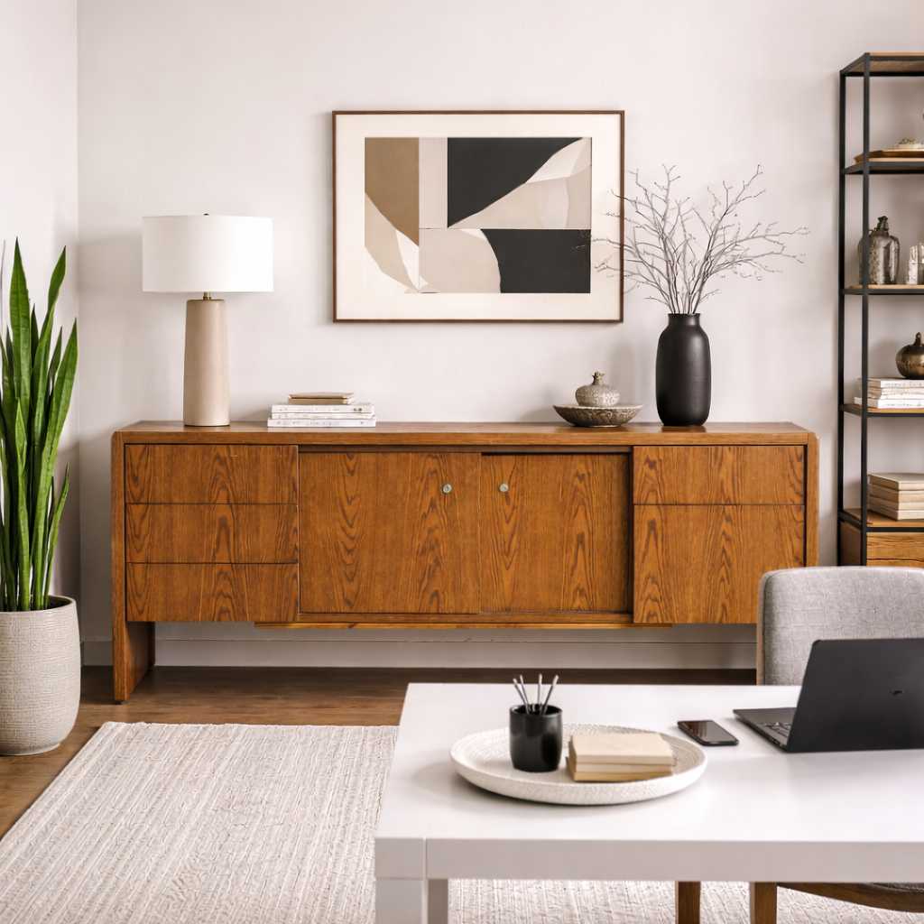Mid-Century Faux-Oak Laminate Credenza and Sideboard — view 2