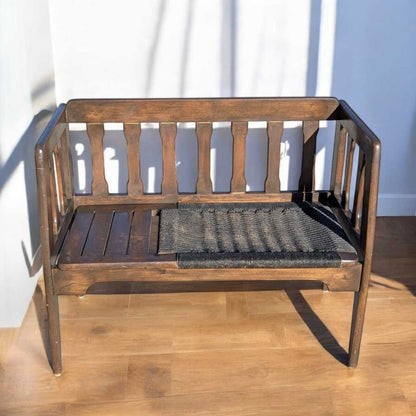 Mid-Century Wood Bench with Black Woven Strap Seat — view 11 of 15
