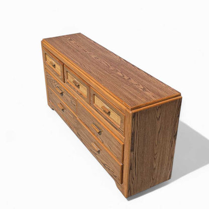 Vintage Laminate Dresser – Faux Oak Grain, Rattan Drawer Fronts, 6-Drawer Storage, 64" Long, 1980s Postmodern Style