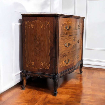 Vintage Louis XV Marble Top Commode – Bombe Chest w/ Drop Front Desk, Inlay Detail, French Style, 40" Wide