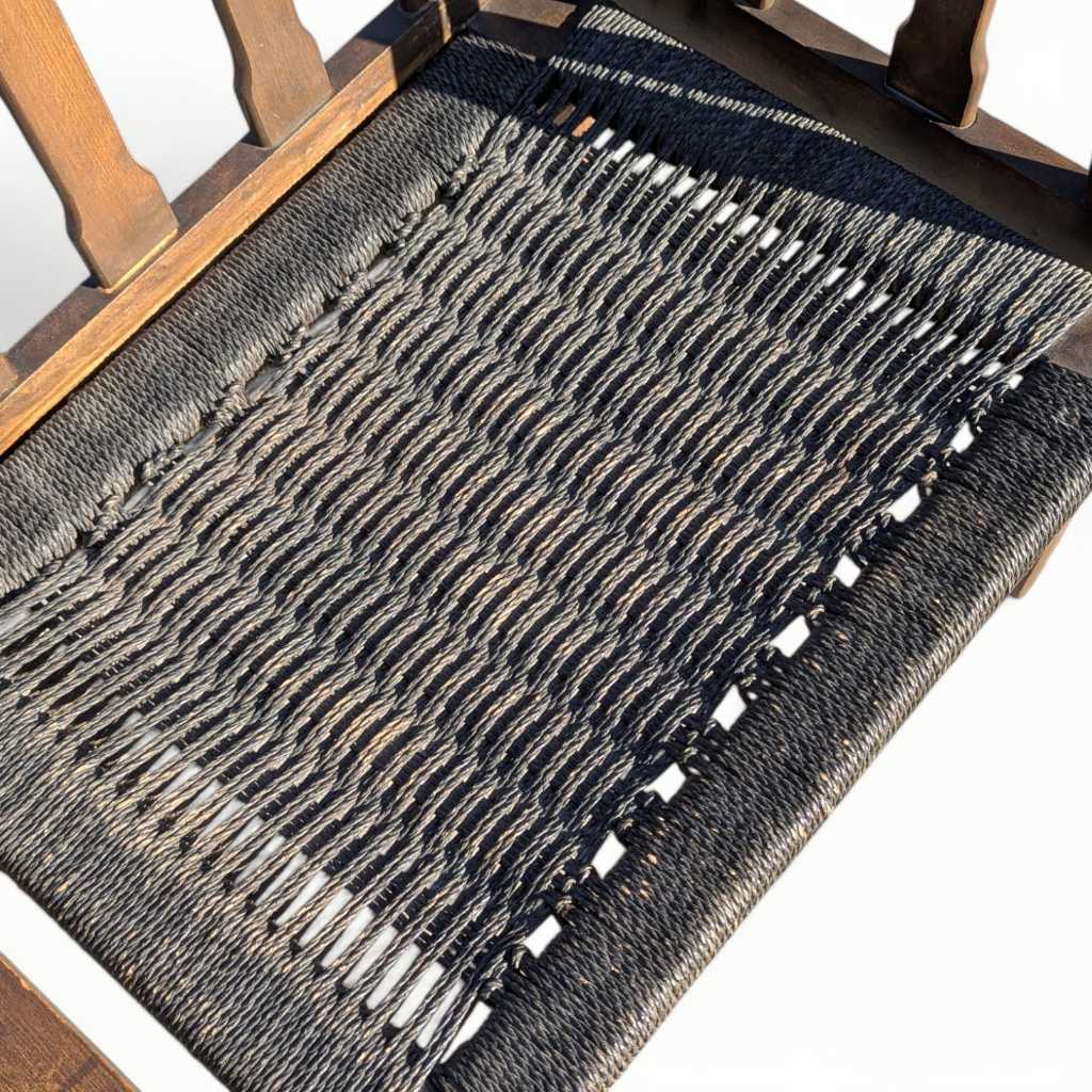 Mid-Century Wood Bench with Black Woven Strap Seat — view 8 of 15