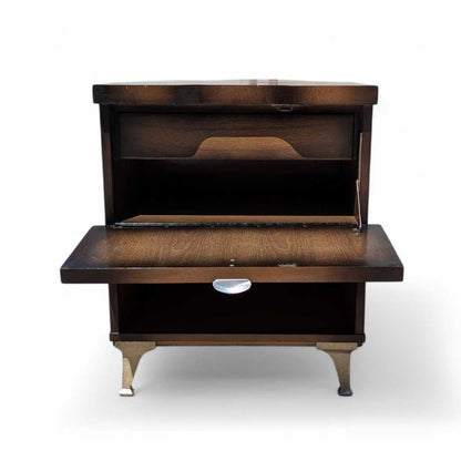 Vintage Atomic Nightstand – Mid Century Drop-Front Side Table, Tapered Metal Legs, 1950s Modern Design, 27" High