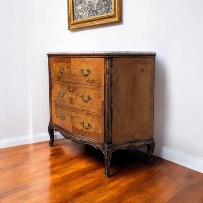 Vintage Louis XV Marble Top Commode – Bombe Chest w/ Drop Front Desk, Inlay Detail, French Style, 40" Wide