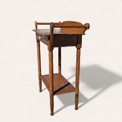 Antique Oak Washstand – 19th Century Early American Style Table w/ Towel Rack & Shelf, Farmhouse Accent