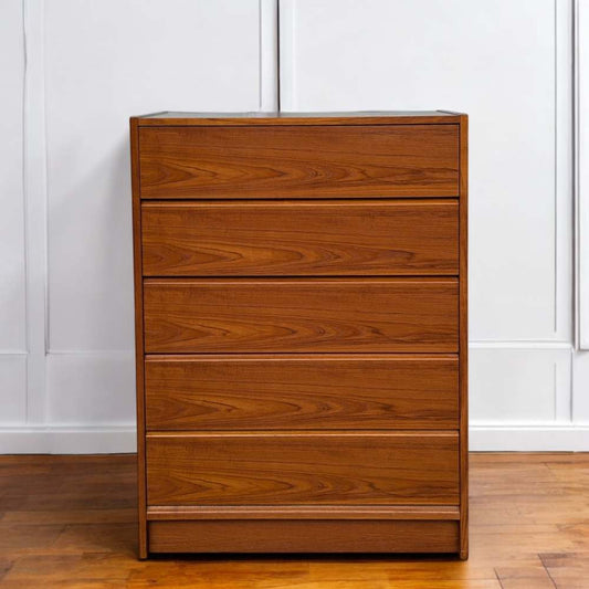 1960s Danish Modern Teak Five-Drawer Tallboy Dresser, Made in Denmark — view 1 [CBV1 IM0AA28QR54VCuTLu50N 01 be181b90-6439-49d9-845a-1cd99e63d8e8.jpeg]